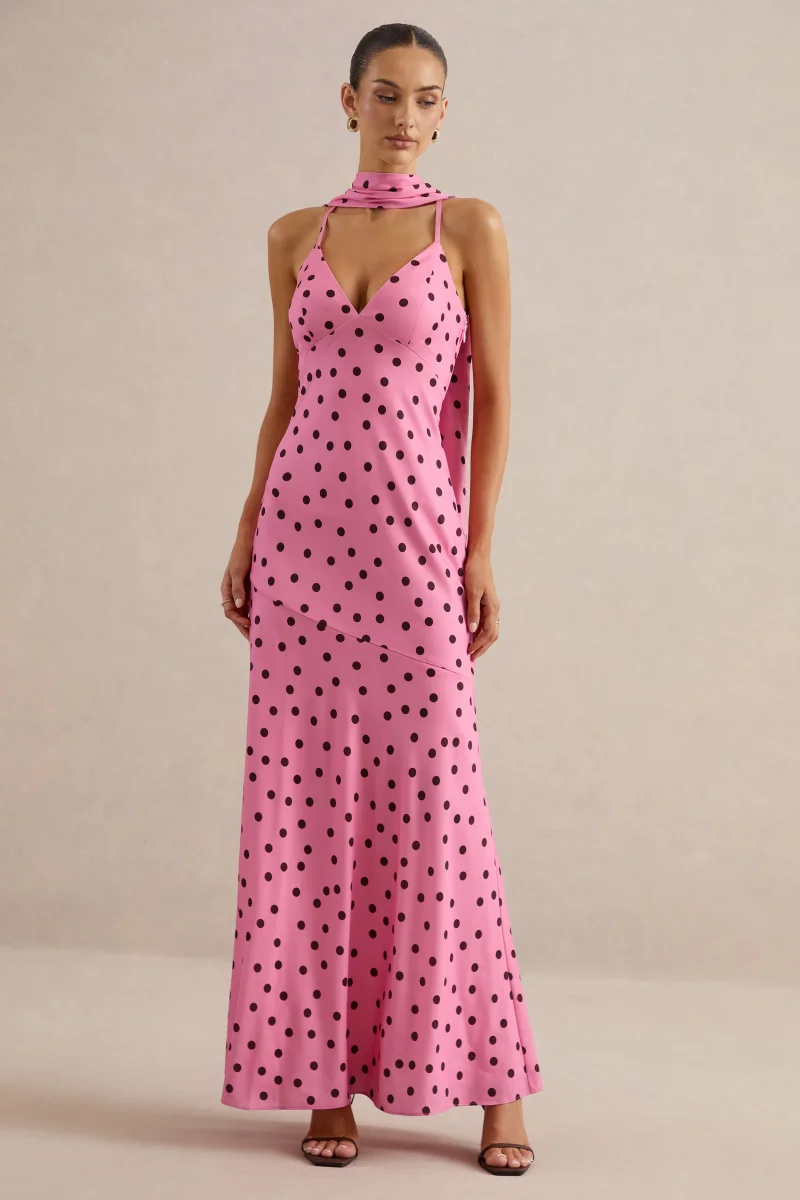 Starling | Vestido Largo Rosa Y Negro De Satén Mate Con Lunares, Escote Pico Y Detalle De Pañuelo