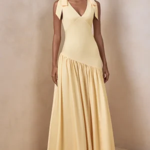 Cala | Vestido Largo de satén color limón con escote pronunciado y mangas con lazo