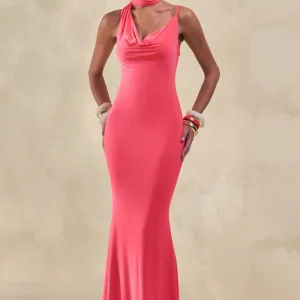 Kenza | Vestido Largo Coral de Escote Asimétrico con Detalle de Pañuelo