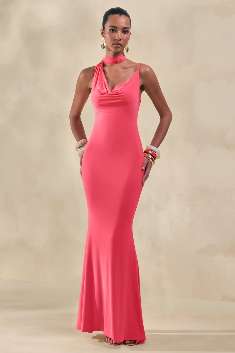 Kenza | Vestido Largo Coral de Escote Asimétrico con Detalle de Pañuelo