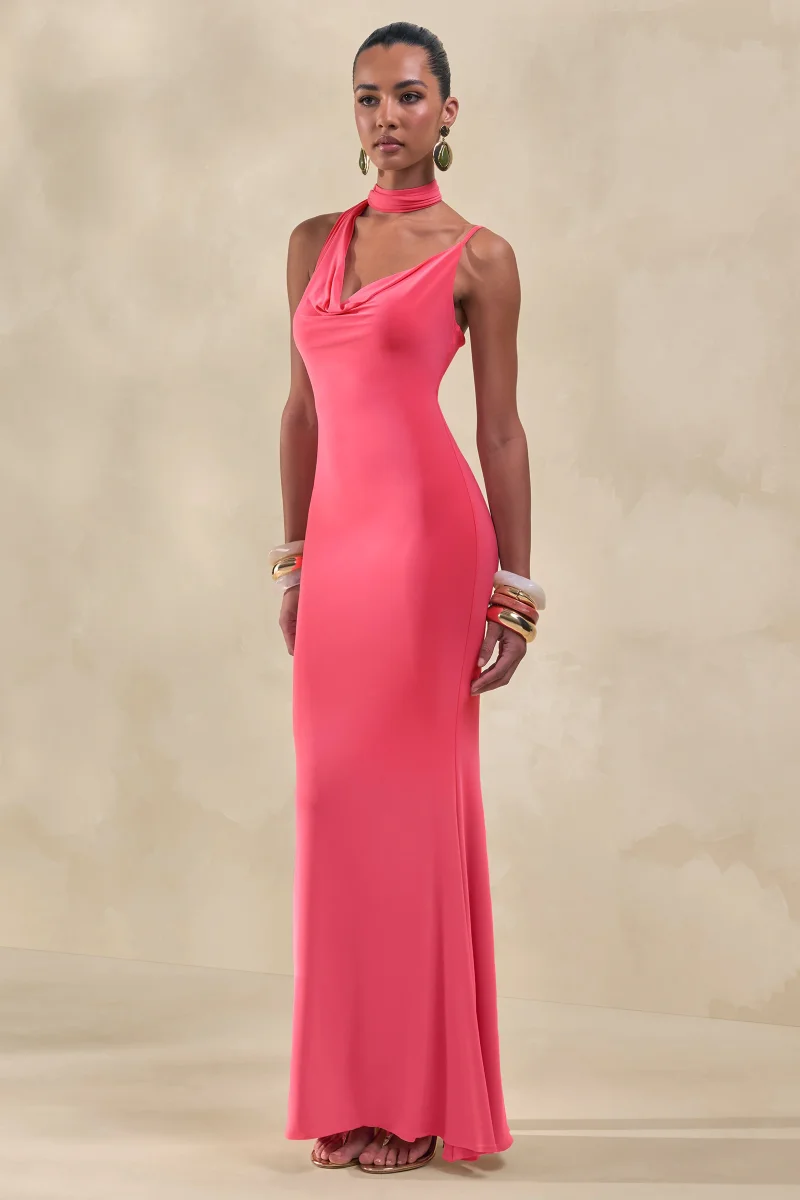 Kenza | Vestido Largo Coral de Escote Asimétrico con Detalle de Pañuelo - Imagen 6