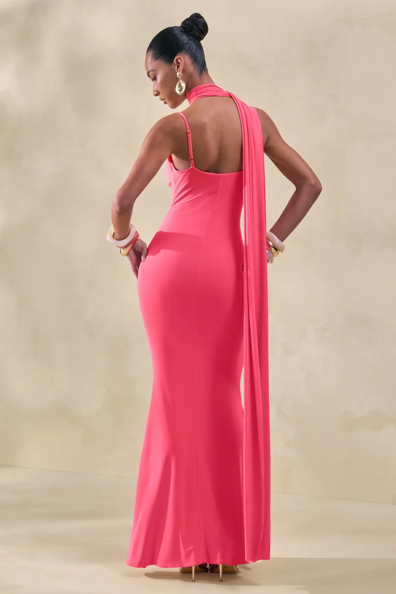 Kenza | Vestido Largo Coral de Escote Asimétrico con Detalle de Pañuelo - Imagen 3