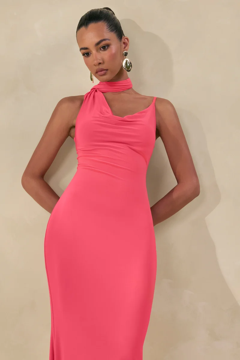 Kenza | Vestido Largo Coral de Escote Asimétrico con Detalle de Pañuelo - Imagen 7