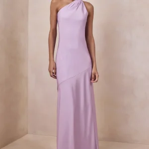 Cara | Vestido Maxi de Satén Lila con Cuello Alto