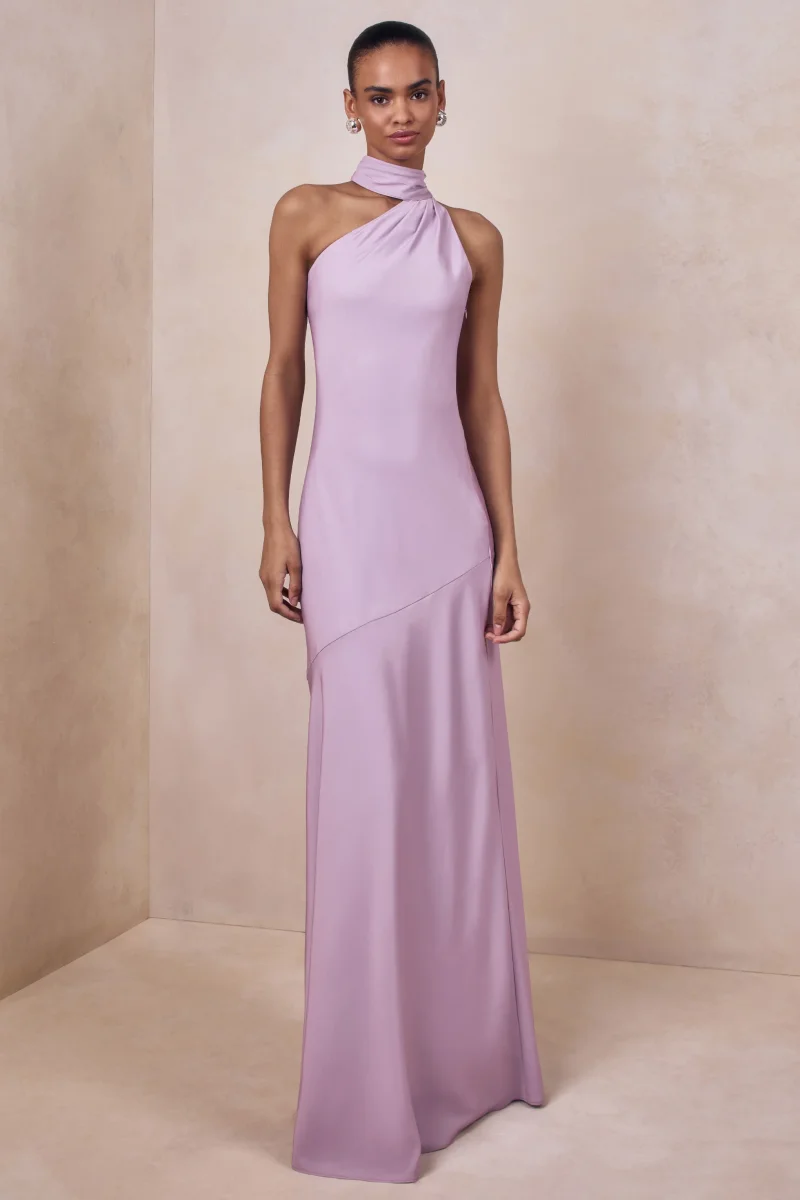 Cara | Vestido Maxi de Satén Lila con Cuello Alto