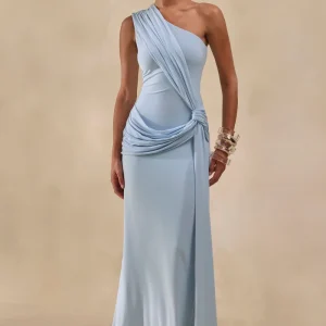 Lunoria | Vestido Largo Azul Polvo De Jersey Con Cuello Asimétrico Y Detalles Fruncidos