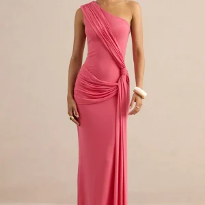 Lunoria | Vestido Largo Coral De Jersey Con Cuello Asimétrico Y Detalles Fruncidos