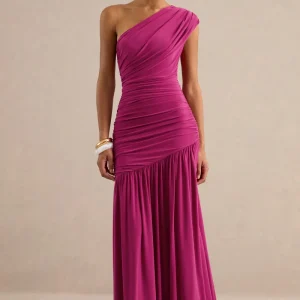 Alaya | Vestido largo fucsia con escote asimétrico y cintura baja