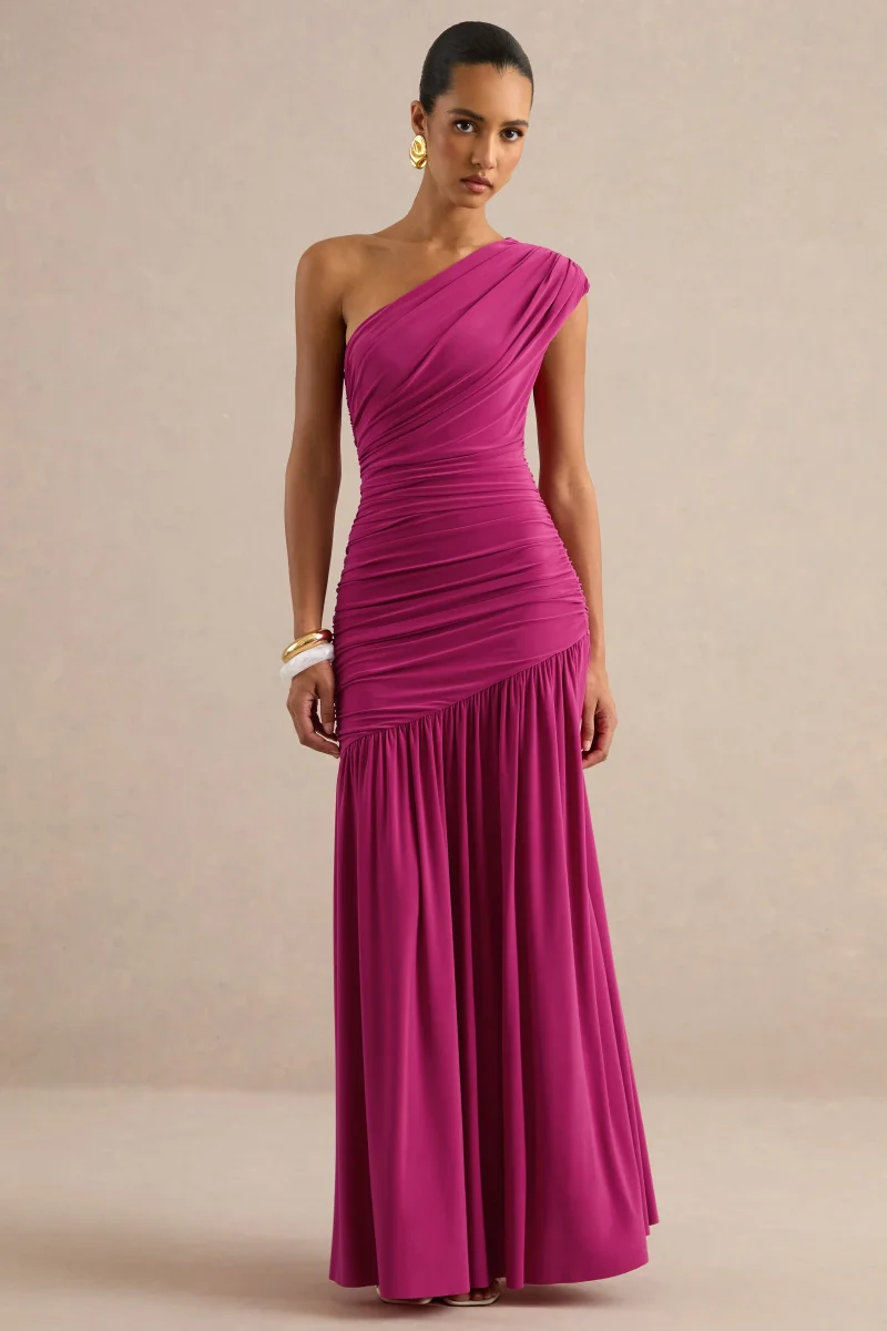 Alaya | Vestido largo fucsia con escote asimétrico y cintura baja - Imagen 2