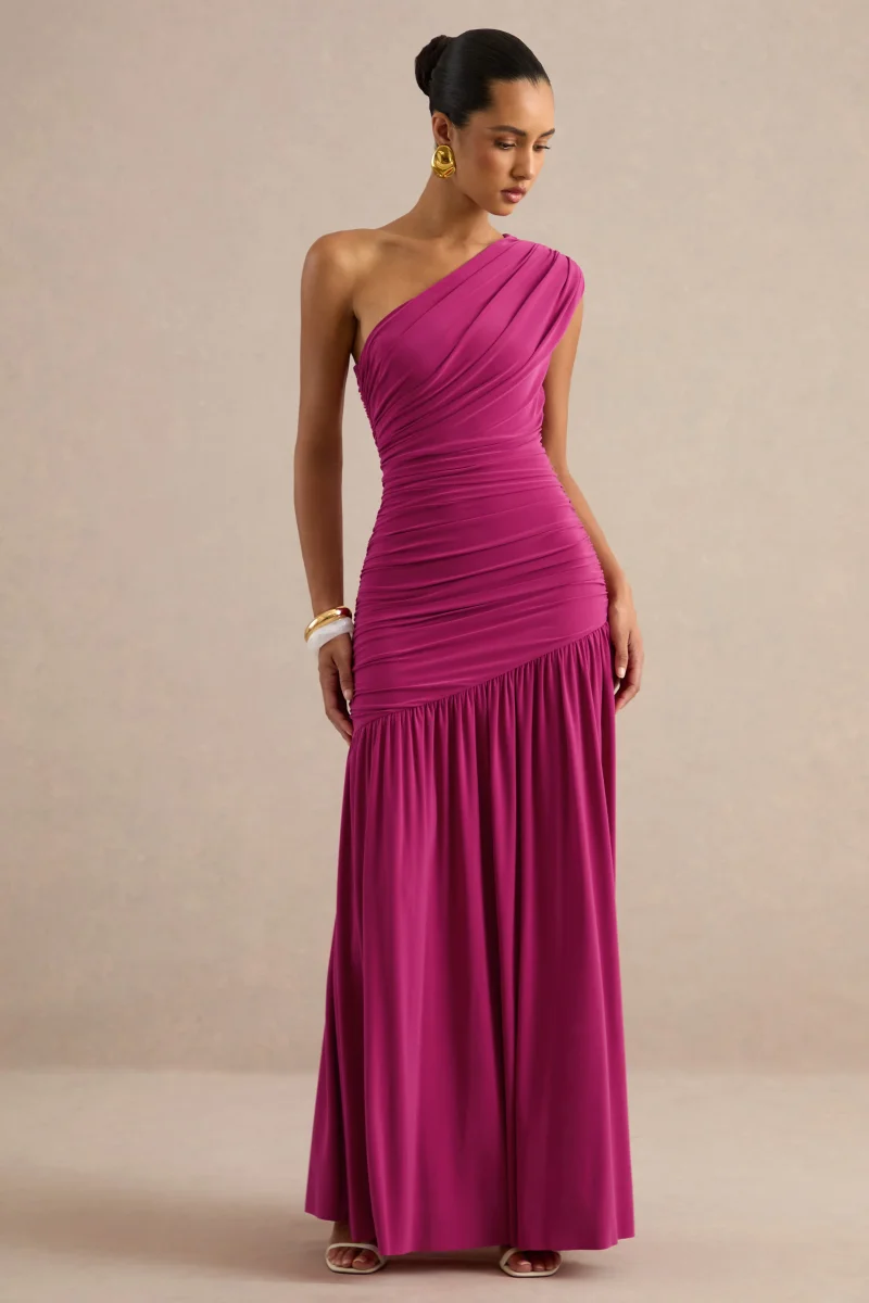 Alaya | Vestido largo fucsia con escote asimétrico y cintura baja - Imagen 6