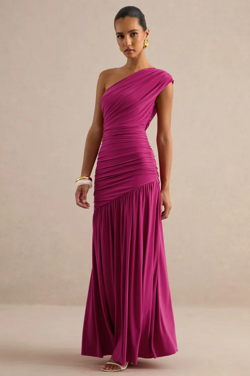 Alaya | Vestido largo fucsia con escote asimétrico y cintura baja - Imagen 4