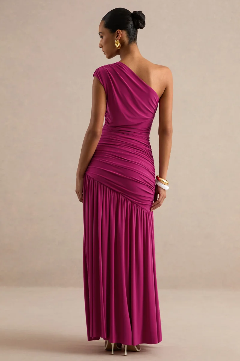 Alaya | Vestido largo fucsia con escote asimétrico y cintura baja - Imagen 3