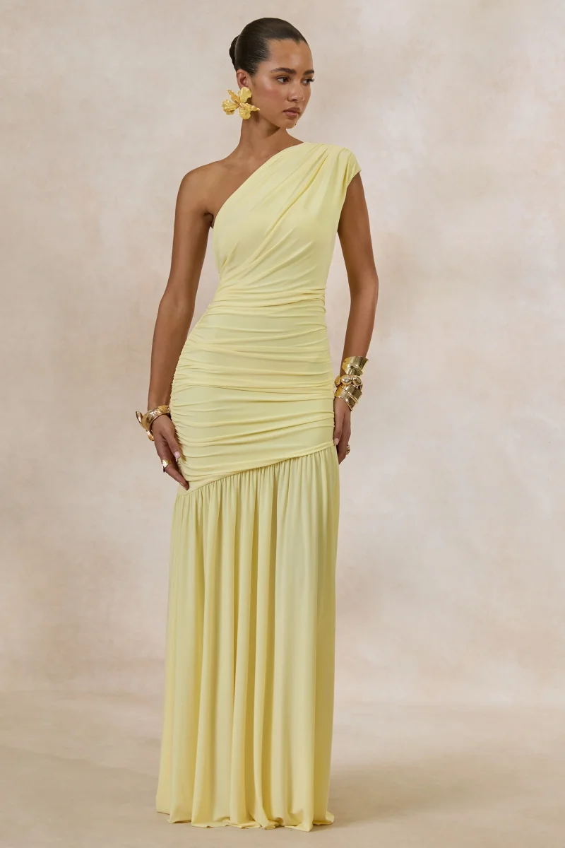 Alaya | Vestido Largo Amarillo Limón Con Escote Asimétrico