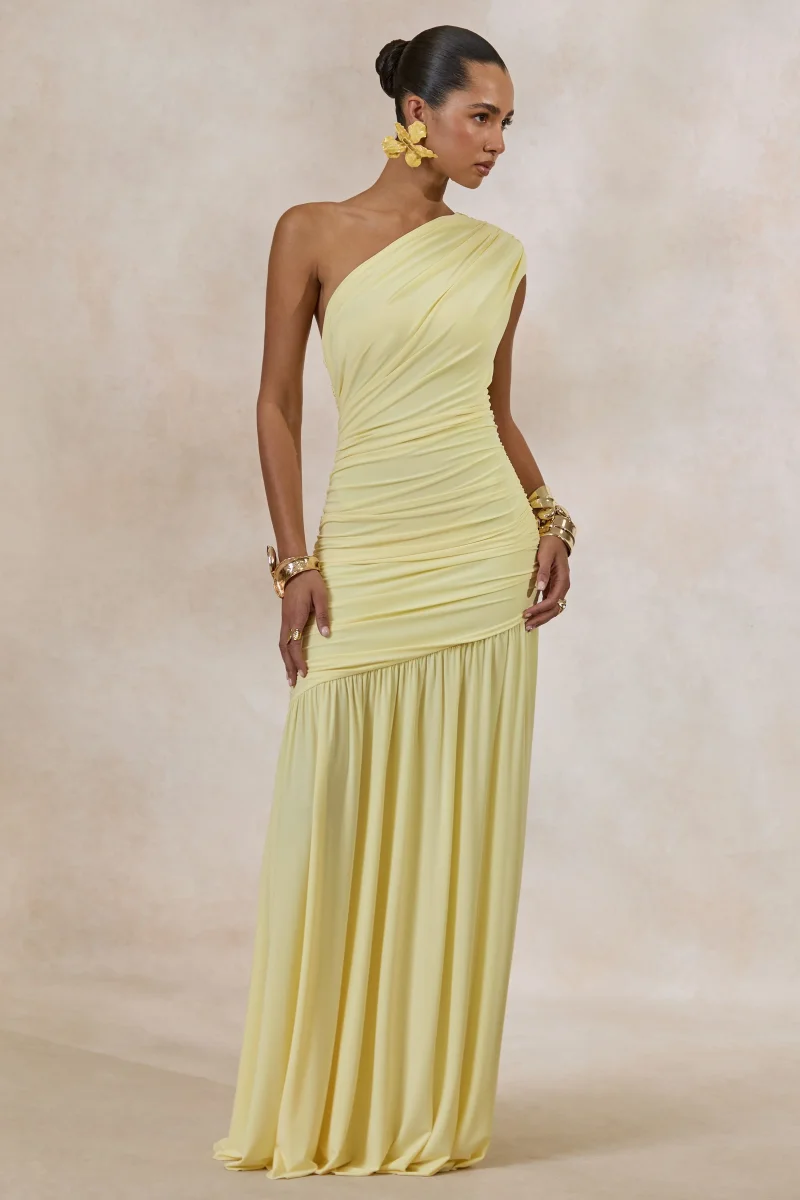 Alaya | Vestido Largo Amarillo Limón Con Escote Asimétrico - Imagen 5
