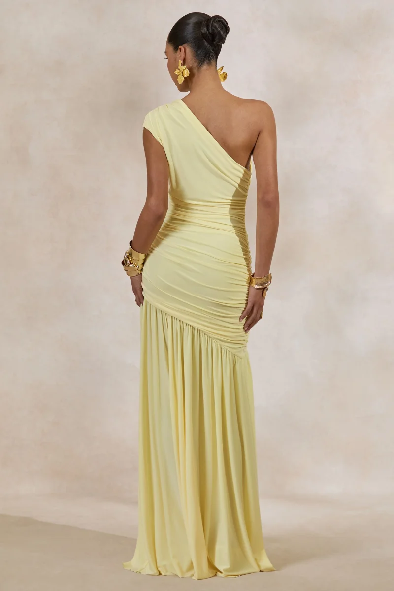 Alaya | Vestido Largo Amarillo Limón Con Escote Asimétrico - Imagen 3