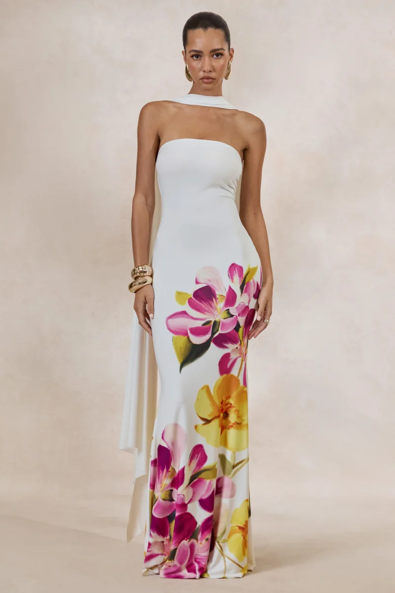 Brooke | Vestido Largo Estampado Floral Rosa Intenso Y Amarillo Limón Con Escote Bandeau Y Pañuelo