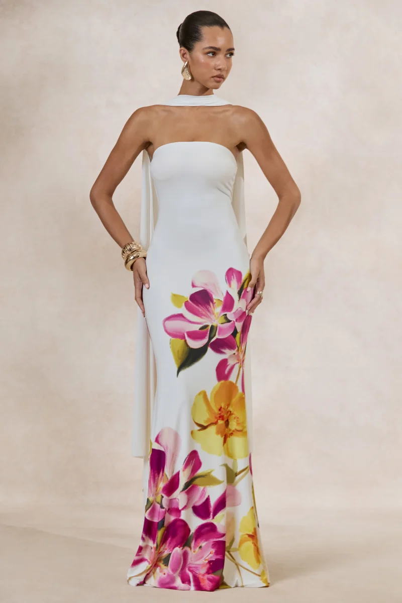 Brooke | Vestido Largo Estampado Floral Rosa Intenso Y Amarillo Limón Con Escote Bandeau Y Pañuelo - Imagen 6