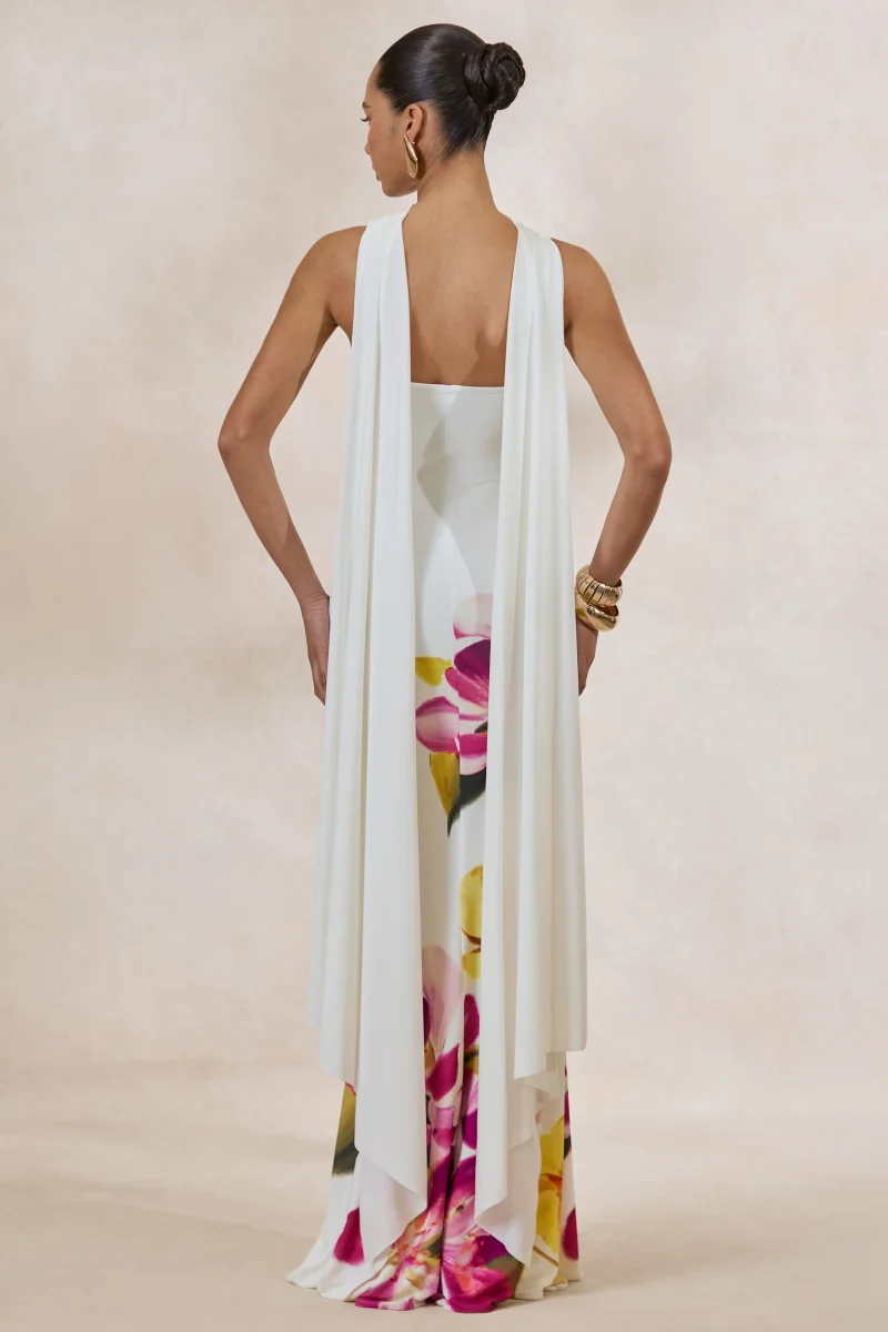 Brooke | Vestido Largo Estampado Floral Rosa Intenso Y Amarillo Limón Con Escote Bandeau Y Pañuelo - Imagen 3