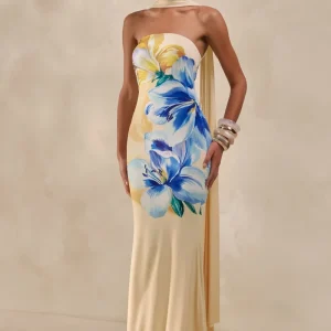 Brooke | Vestido Largo Bandeau Con Estampado Floral En Amarillo Limón Y Azul Y Pañuelo