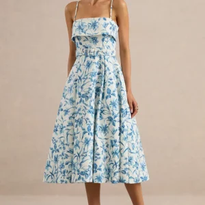 Devina | Vestido Midi Azul Con Estampado De Porcelana De Tejido Premium Con Escote Cuadrado Y Cinturón