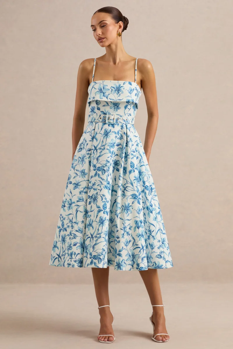Devina | Vestido Midi Azul Con Estampado De Porcelana De Tejido Premium Con Escote Cuadrado Y Cinturón - Imagen 6