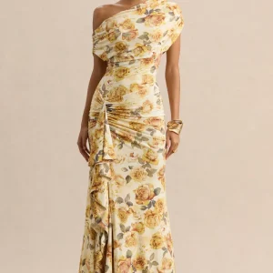 Siora | Limón Estampado de Rosas Escote Asimétrico Vestido Largo con Detalle Drapeado