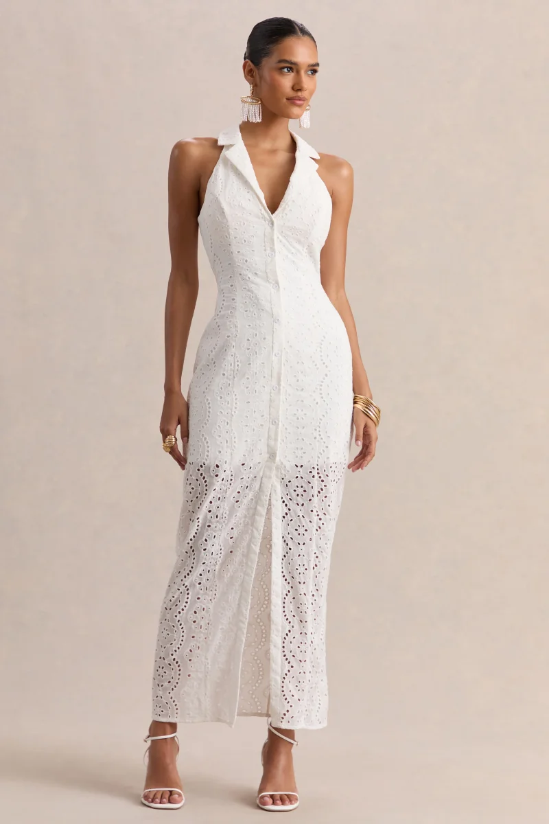 Tover | Vestido Largo Blanco De Broderie Anglaise Con Escote Pronunciado Y Cuello - Imagen 6