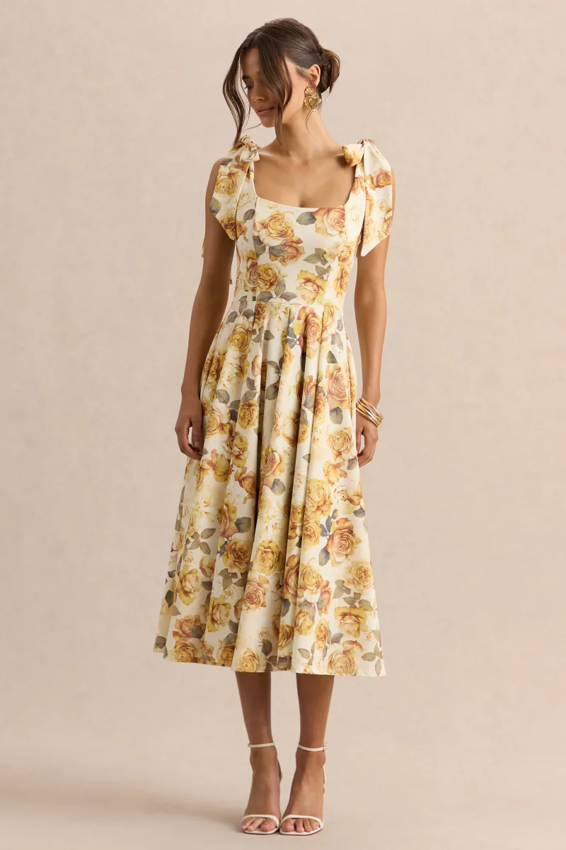 Mena | Vestido Midi Limón Rose Print de Escote Cuadrado With Bow Sleeves - Imagen 5