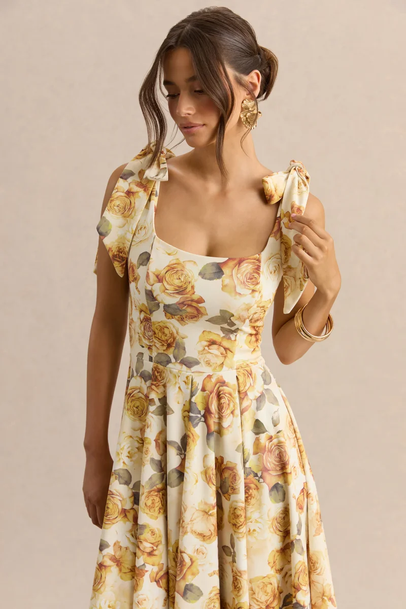 Mena | Vestido Midi Limón Rose Print de Escote Cuadrado With Bow Sleeves - Imagen 4