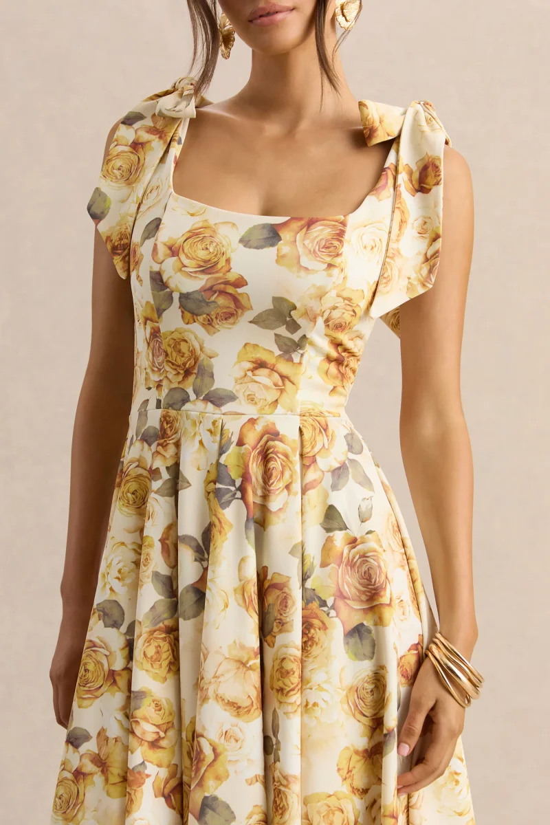 Mena | Vestido Midi Limón Rose Print de Escote Cuadrado With Bow Sleeves - Imagen 6