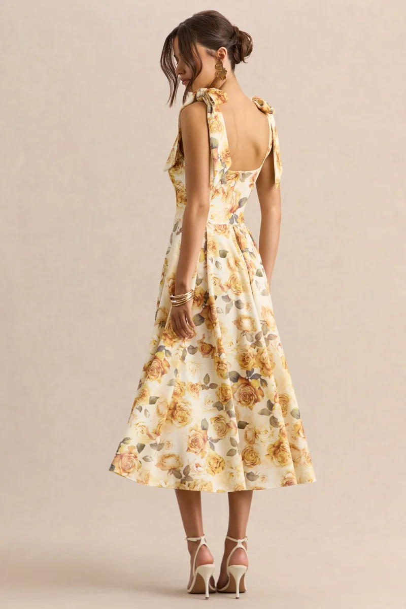 Mena | Vestido Midi Limón Rose Print de Escote Cuadrado With Bow Sleeves - Imagen 3