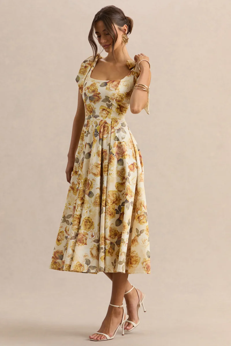 Mena | Vestido Midi Limón Rose Print de Escote Cuadrado With Bow Sleeves - Imagen 7