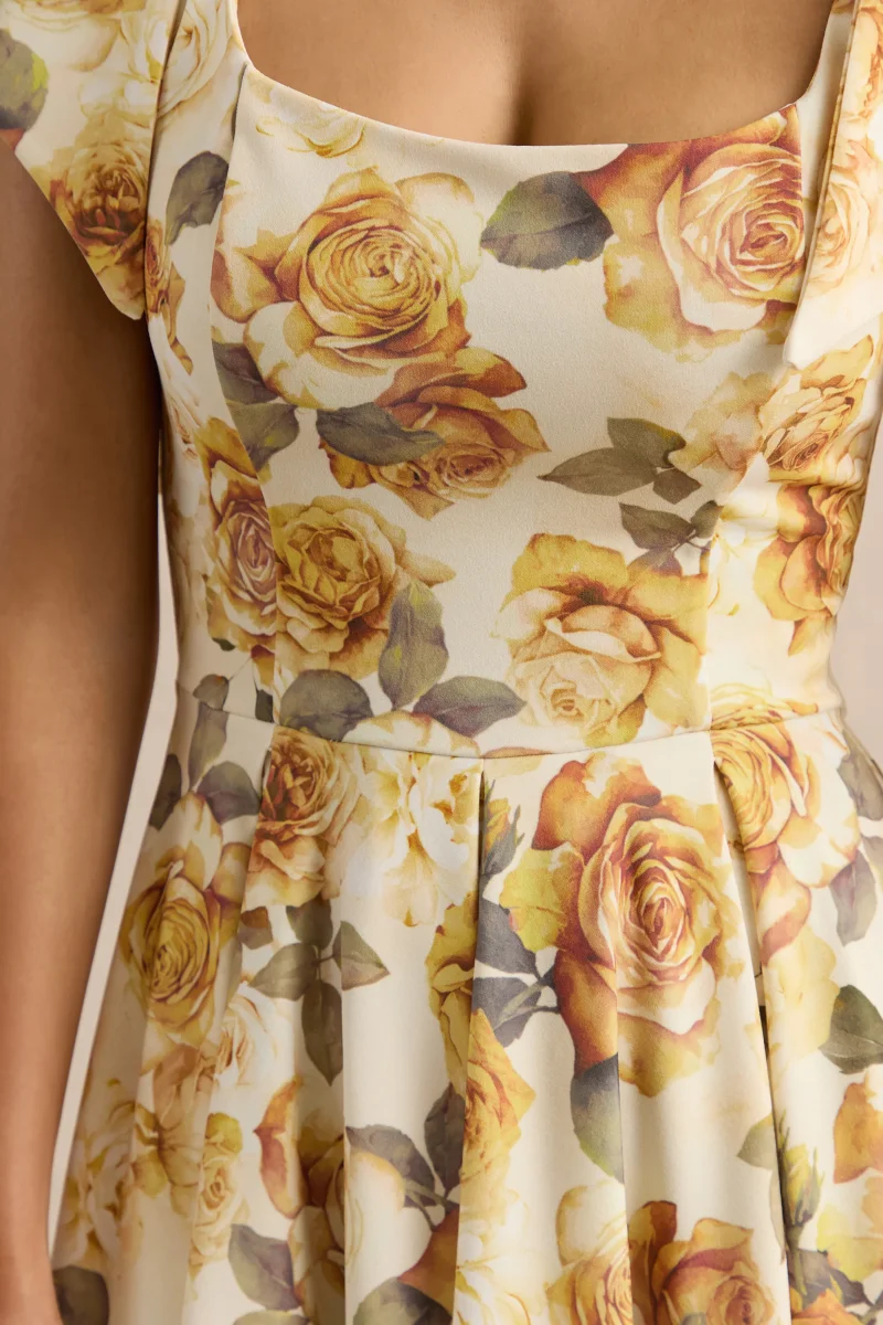Mena | Vestido Midi Limón Rose Print de Escote Cuadrado With Bow Sleeves - Imagen 8
