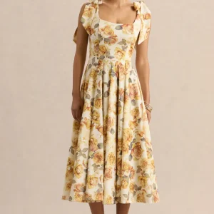 Mena | Vestido Midi Limón Rose Print de Escote Cuadrado With Bow Sleeves