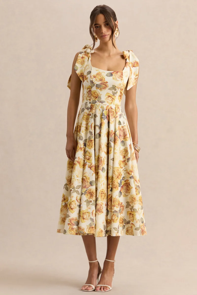 Mena | Vestido Midi Limón Rose Print de Escote Cuadrado With Bow Sleeves - Imagen 2