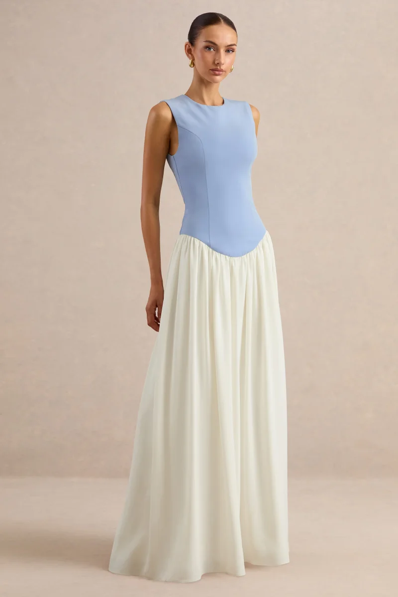 Iliana | Vestido Largo Azul Empolvado Y Blanco Con Escote Redondo, Cintura Baja Y Falda Plisada - Imagen 7