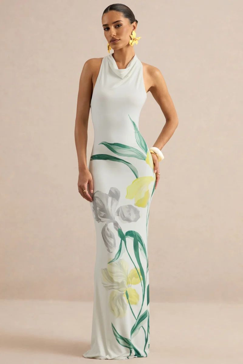 Wilber | Vestido Largo De Estampado Floral Limón Con Cuello Alto