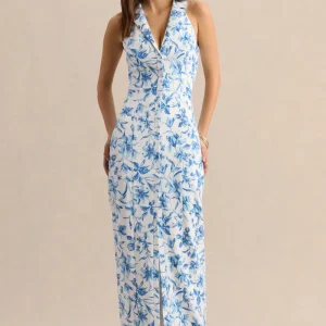 Quinn | Vestido Largo Azul Con Estampado De Porcelana De Crepé Premium Con Escote Profundo