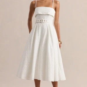 Zoeva | Vestido Midi Con Escote Cuadrado Y Cintura Cinturón De Broderie Crema