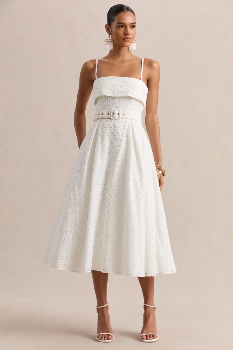 Zoeva | Vestido Midi Con Escote Cuadrado Y Cintura Cinturón De Broderie Crema