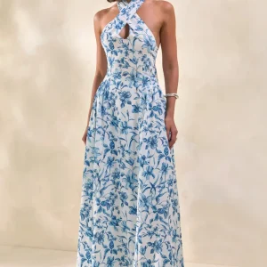 Liana | Vestido Largo Azul Con Estampado Porcelana Y Escote Halter