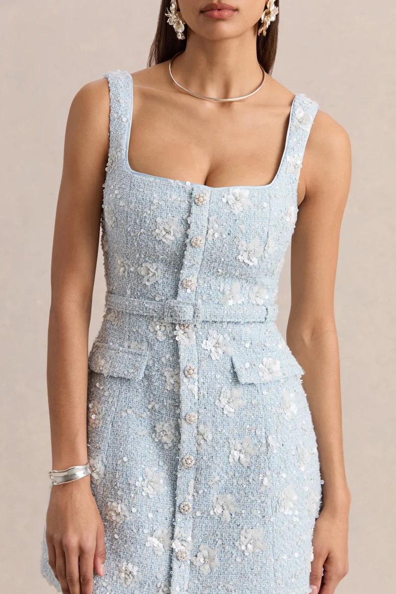 Riya | Vestido Corto Azul Claro de Bouclé con Escote Cuadrado - Imagen 7