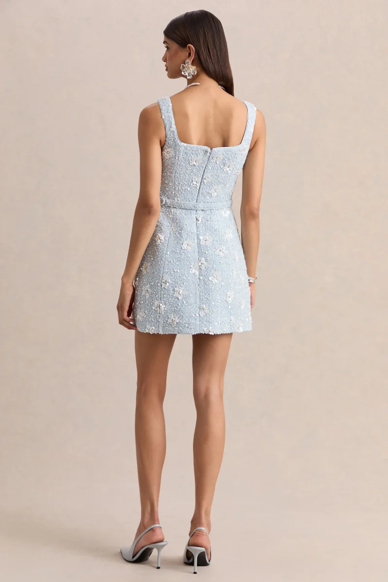 Riya | Vestido Corto Azul Claro de Bouclé con Escote Cuadrado - Imagen 3