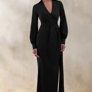 Vita | Vestido Largo Negro Con Escote Pronunciado Y Detalle Cruzado