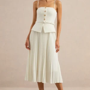 Lizzy | Crema Escote Cuadrado Vestido Midi con Falda Plisada