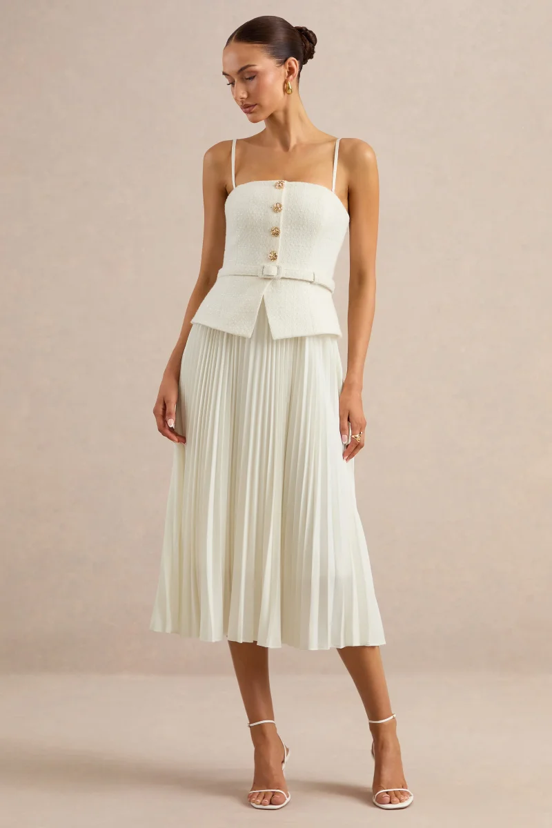 Lizzy | Crema Escote Cuadrado Vestido Midi con Falda Plisada