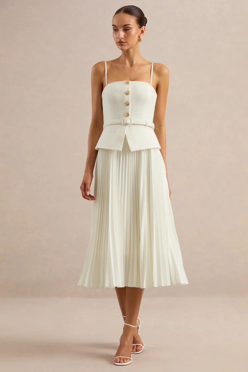 Lizzy | Crema Escote Cuadrado Vestido Midi con Falda Plisada - Imagen 6