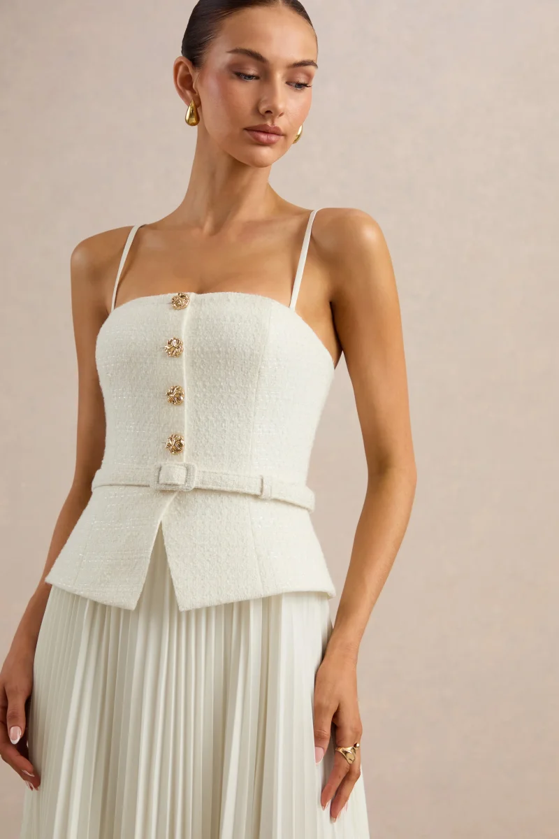 Lizzy | Crema Escote Cuadrado Vestido Midi con Falda Plisada - Imagen 5
