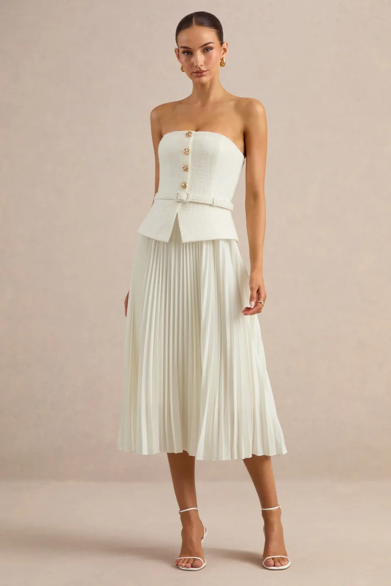 Lizzy | Crema Escote Cuadrado Vestido Midi con Falda Plisada - Imagen 4