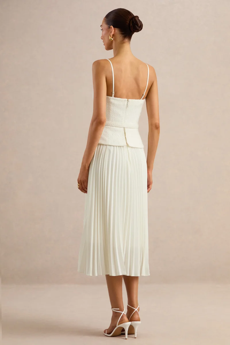 Lizzy | Crema Escote Cuadrado Vestido Midi con Falda Plisada - Imagen 3